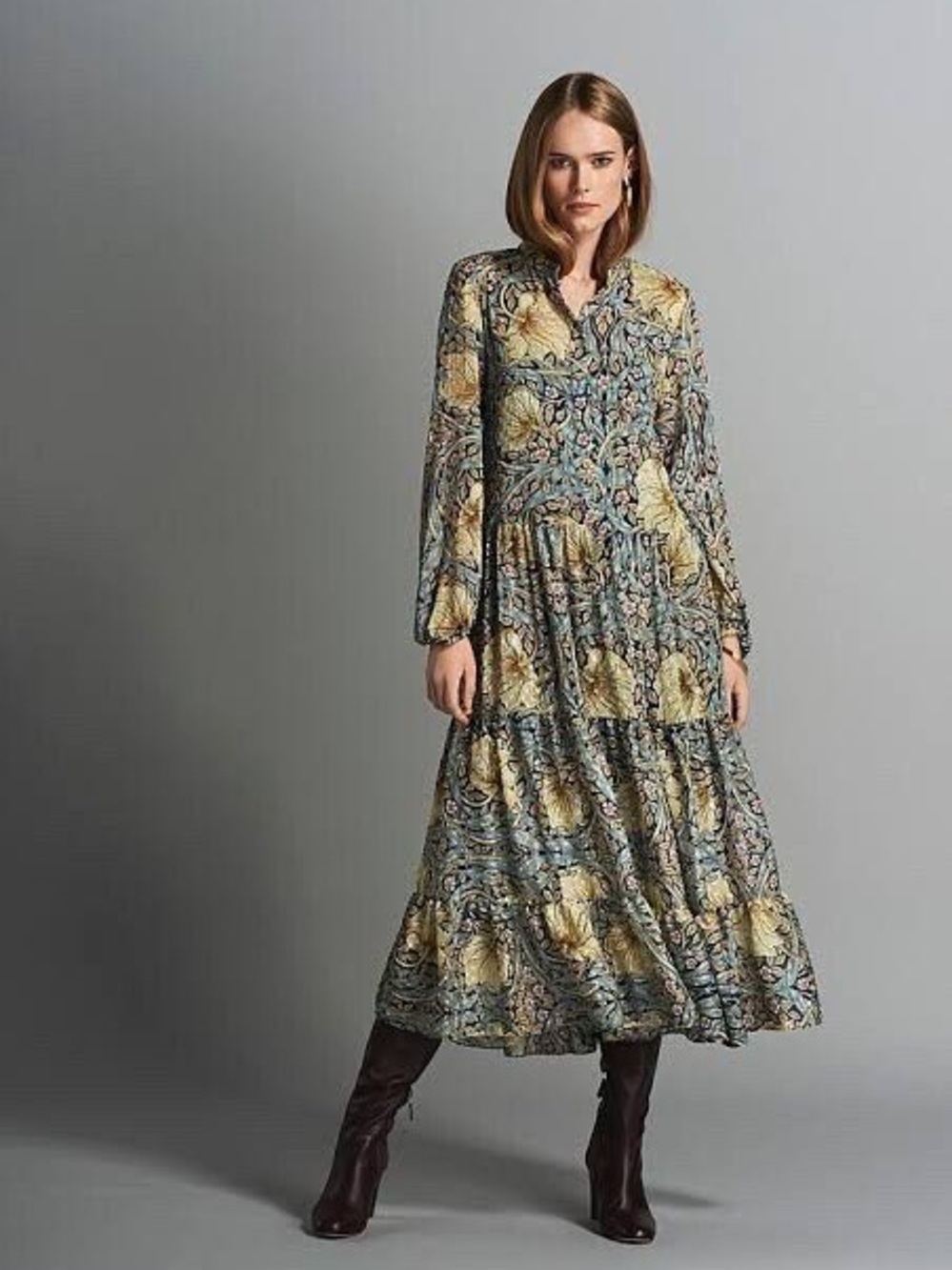 H&M x morris & co Blue Floral Long-Sleeve Tiered Maxi Dress with Yellow Accents